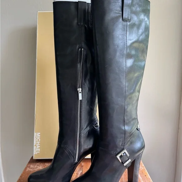 Michael Kors Black Heeled Boots with Silver Accents - Picture 2 of 2